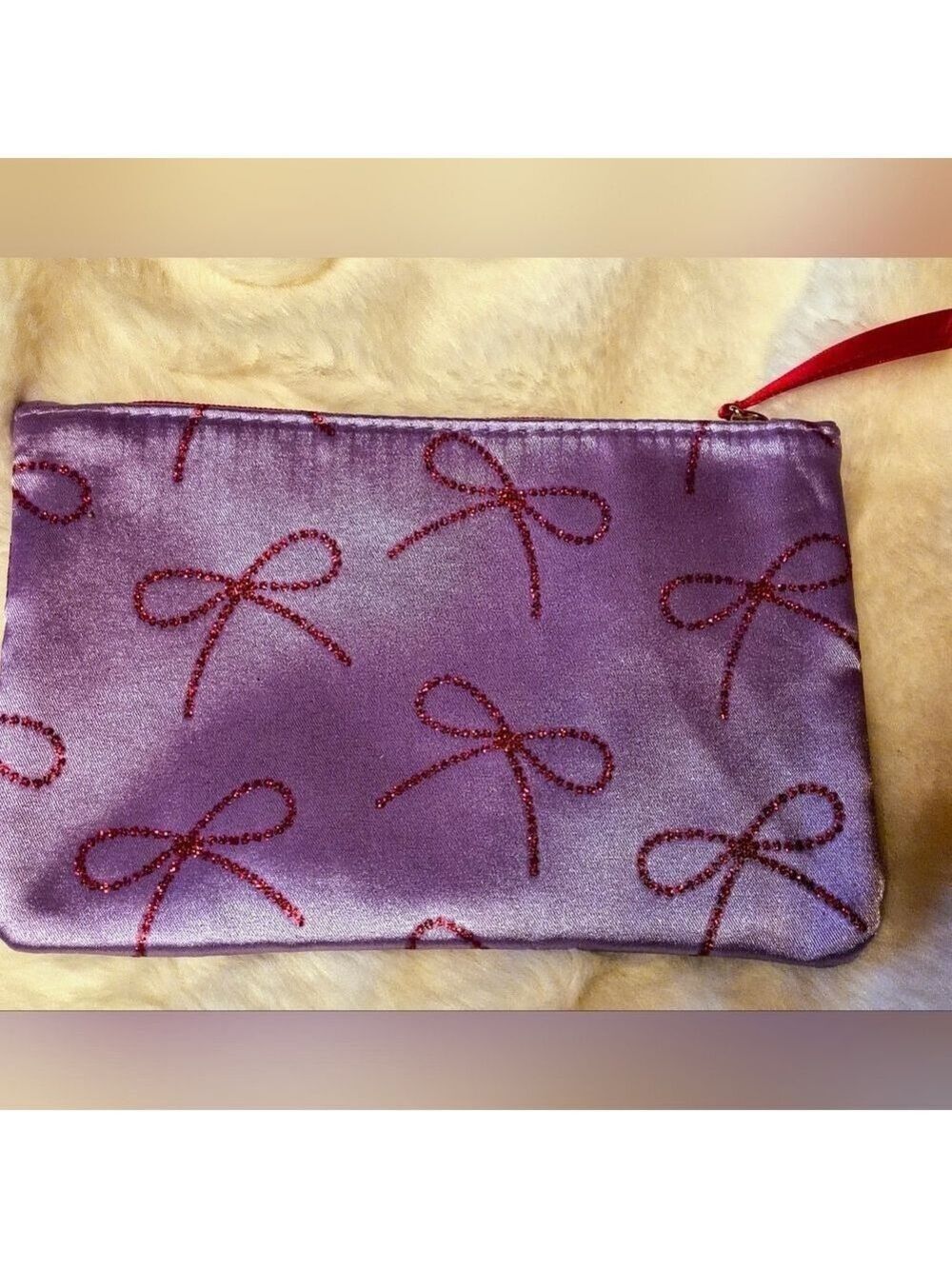 Ipsy Purple Satin Cosmetic Bag with Red Rhinestone Bows